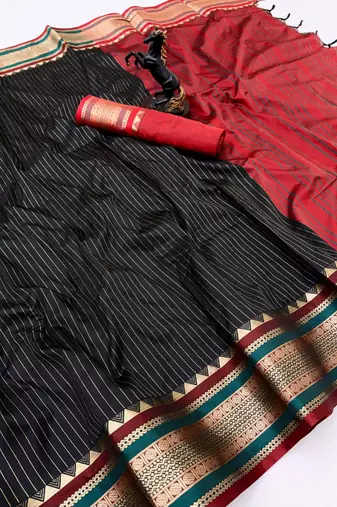 Black munga silk saree with zari stripe design & designer border