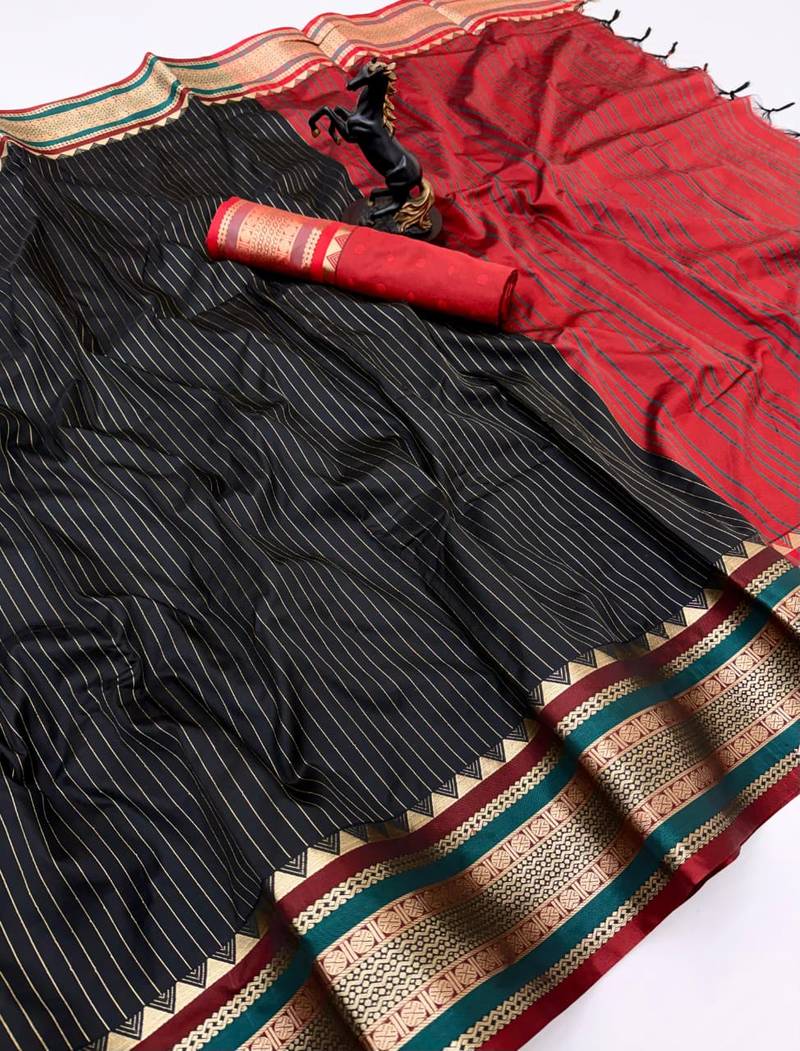 Black munga silk saree with zari stripe design & designer border