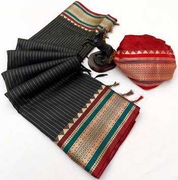 Black munga silk saree with zari stripe design & designer border 2