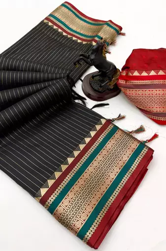 Black munga silk saree with zari stripe design & designer border