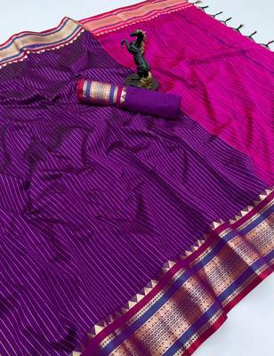 Wine munga silk saree with zari stripe design & designer border 1