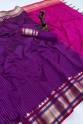 Wine munga silk saree with zari stripe design & designer border