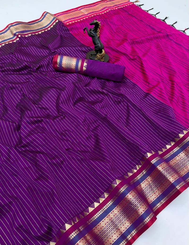 Wine munga silk saree with zari stripe design & designer border