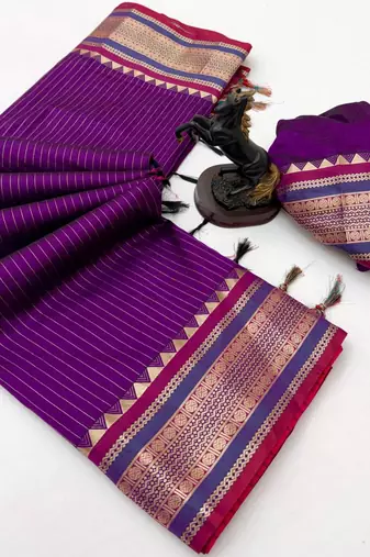 Wine munga silk saree with zari stripe design & designer border