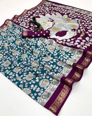 Rama green viscose silk saree with peacock zari & bagru print 1