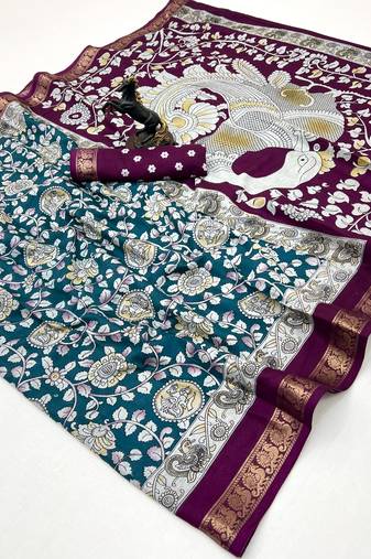 Rama green viscose silk saree with peacock zari & bagru print