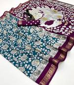 Rama green viscose silk saree with peacock zari & bagru print