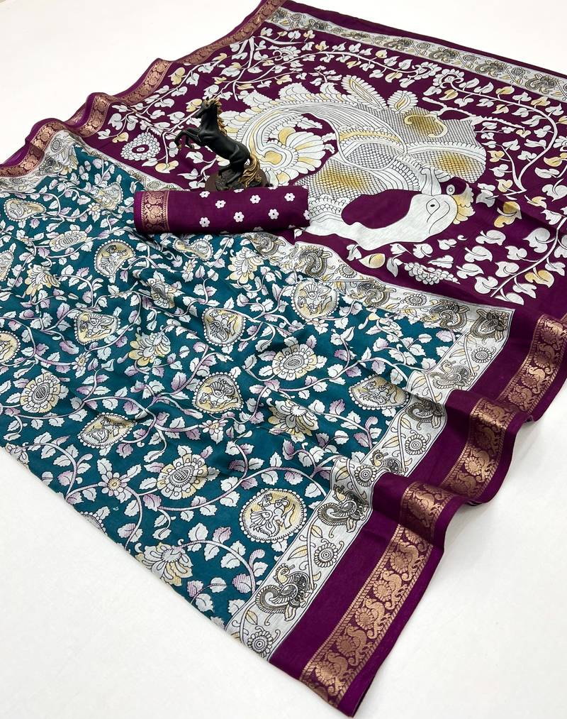 Rama green viscose silk saree with peacock zari & bagru print