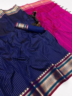 Navy blue munga silk saree with zari stripe design & designer border 1
