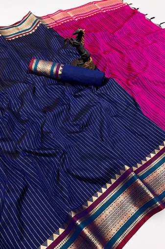 Navy blue munga silk saree with zari stripe design & designer border