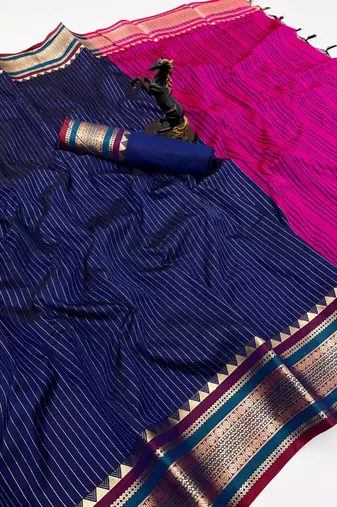 Navy blue munga silk saree with zari stripe design & designer border