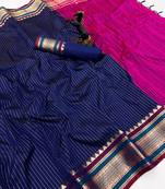 Navy blue munga silk saree with zari stripe design & designer border