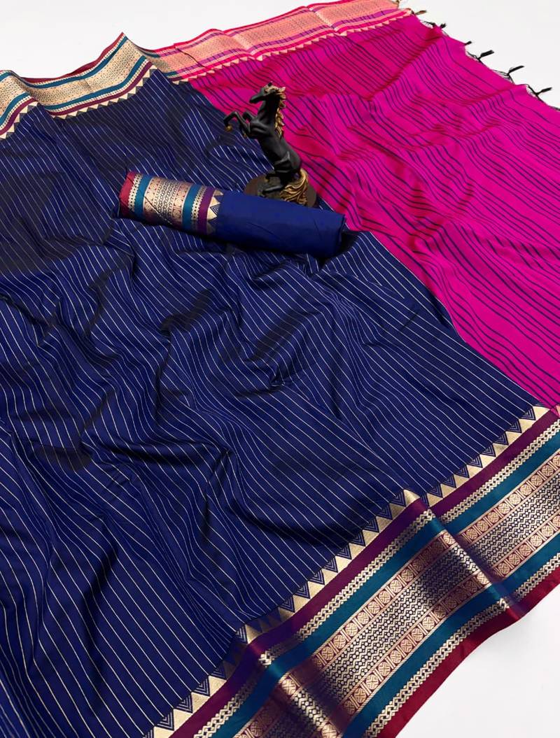 Navy blue munga silk saree with zari stripe design & designer border