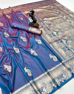 Rama green banarasi silk saree with zari embossed peacock design 1