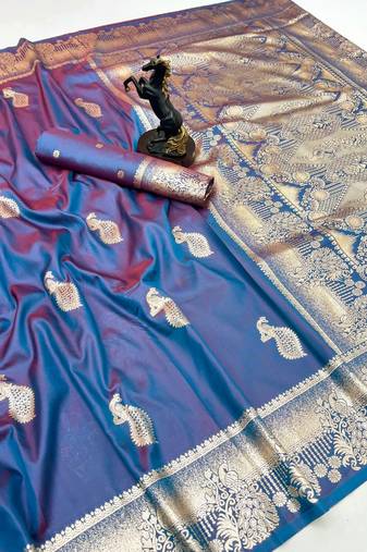 Rama green banarasi silk saree with zari embossed peacock design