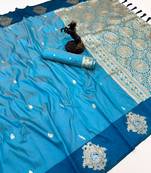 Rama green soft silk saree with zari weaving & floral motifs
