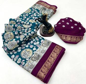 Rama green viscose silk saree with peacock zari & bagru print 2