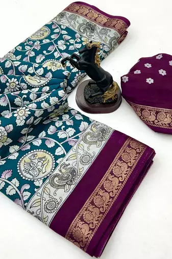 Rama green viscose silk saree with peacock zari & bagru print