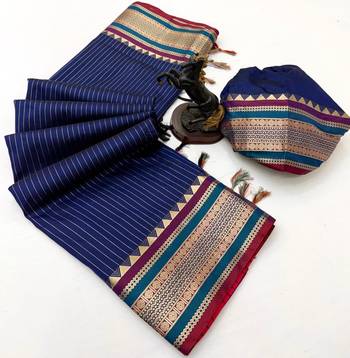 Navy blue munga silk saree with zari stripe design & designer border 2