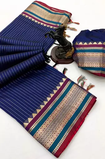 Navy blue munga silk saree with zari stripe design & designer border