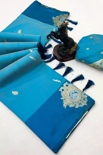 Rama green soft silk saree with zari weaving & floral motifs