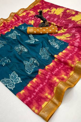 Rama green semi viscose silk saree with peacock zari & bagru print