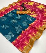 Rama green semi viscose silk saree with peacock zari & bagru print