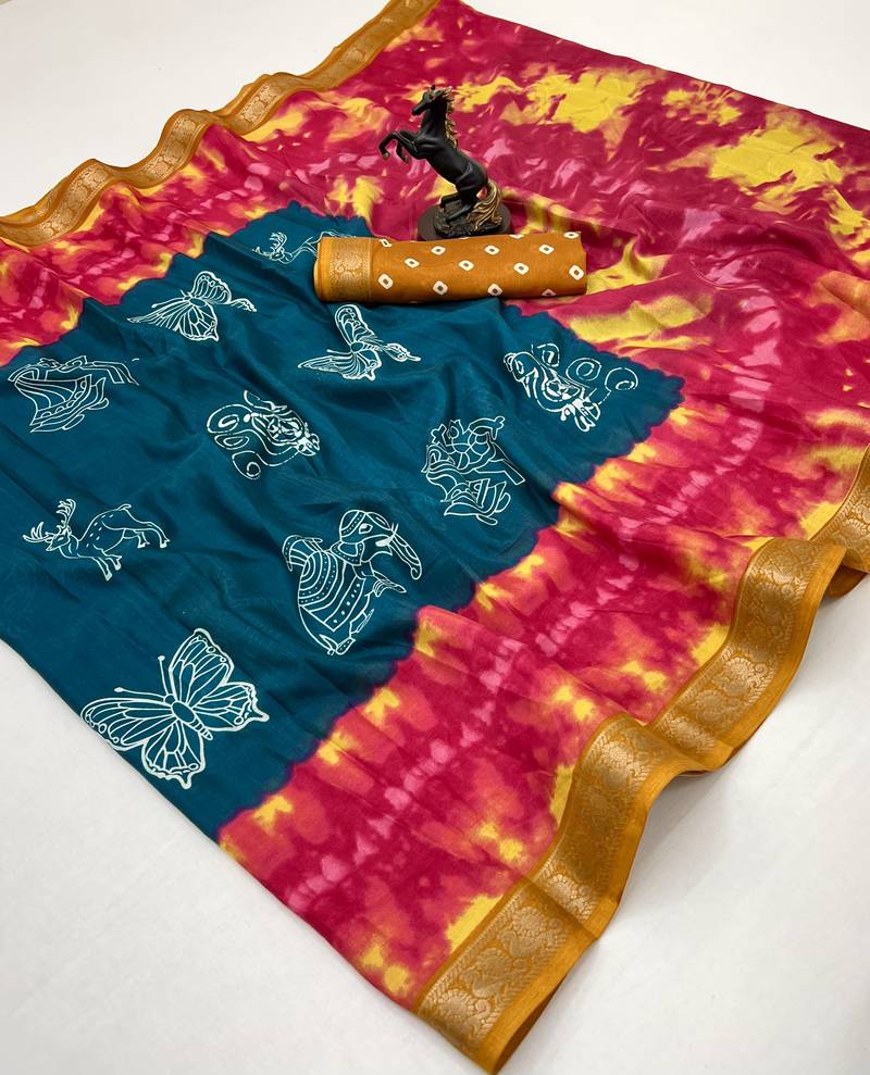 Rama green semi viscose silk saree with peacock zari & bagru print