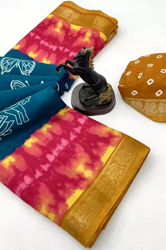 Rama green semi viscose silk saree with peacock zari & bagru print