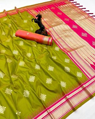 Parrot green soft silk saree with kolam zari motifs & designer pallu 1
