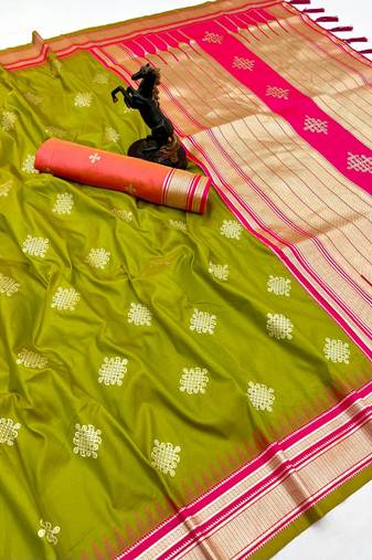 Parrot green soft silk saree with kolam zari motifs & designer pallu