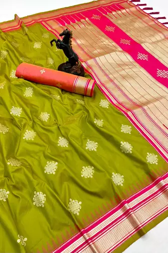 Parrot green soft silk saree with kolam zari motifs & designer pallu