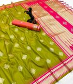 Parrot green soft silk saree with kolam zari motifs & designer pallu