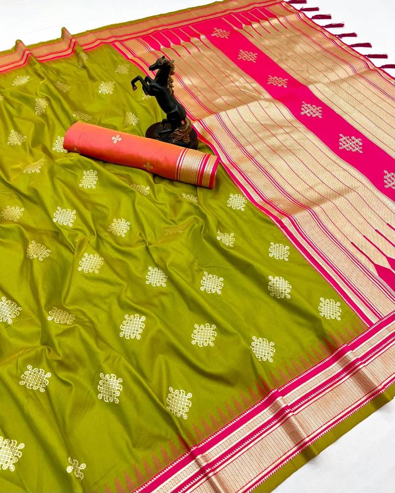 Parrot green soft silk saree with kolam zari motifs & designer pallu