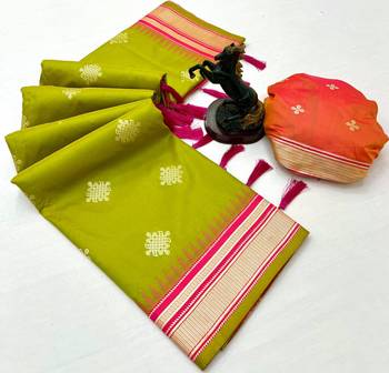 Parrot green soft silk saree with kolam zari motifs & designer pallu 2