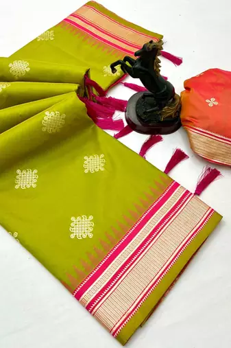 Parrot green soft silk saree with kolam zari motifs & designer pallu