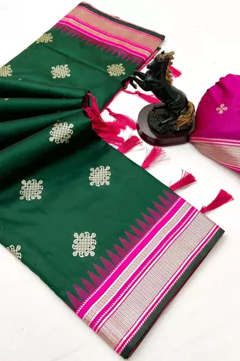 Green soft silk saree with kolam zari motifs & designer pallu