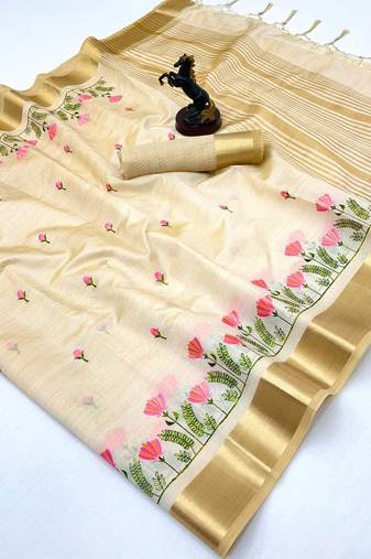 Cream kerala kasavu tissue saree with floral embroidery & zari border