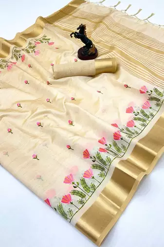 Cream kerala kasavu tissue saree with floral embroidery & zari border