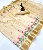 Cream kerala kasavu tissue saree with floral embroidery & zari border
