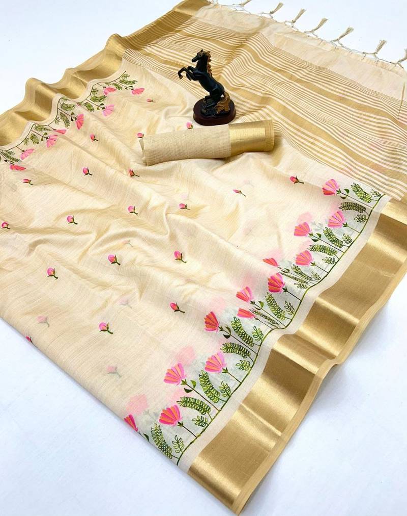 Cream kerala kasavu tissue saree with floral embroidery & zari border