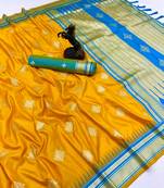 Yellow soft silk saree with kolam zari motifs & designer pallu