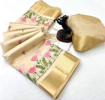 Cream kerala kasavu tissue saree with floral embroidery & zari border 2