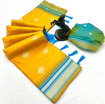 Yellow soft silk saree with kolam zari motifs & designer pallu 2