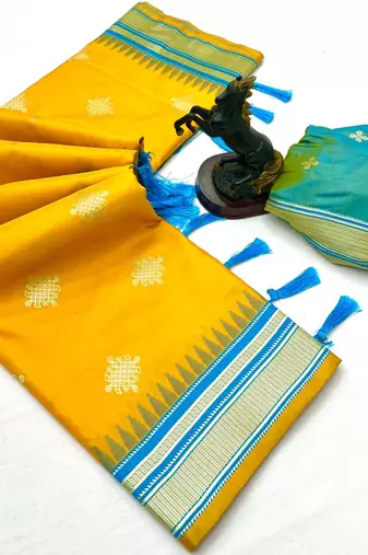 Yellow soft silk saree with kolam zari motifs & designer pallu
