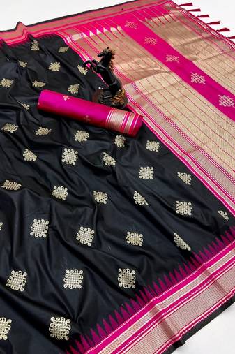 Black soft silk saree with kolam zari motifs & designer pallu