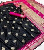 Black soft silk saree with kolam zari motifs & designer pallu