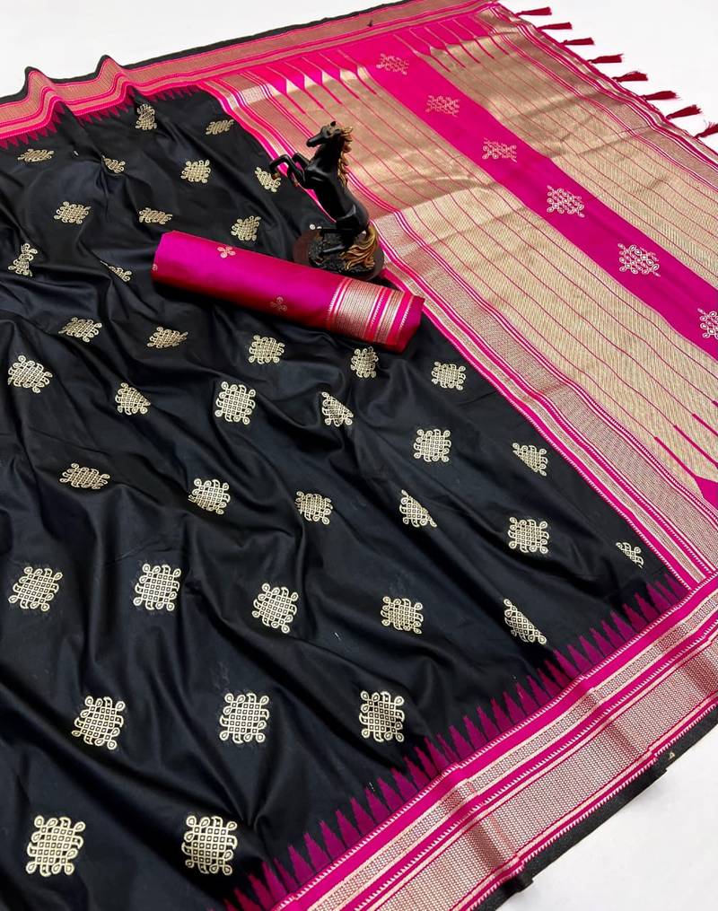 Black soft silk saree with kolam zari motifs & designer pallu