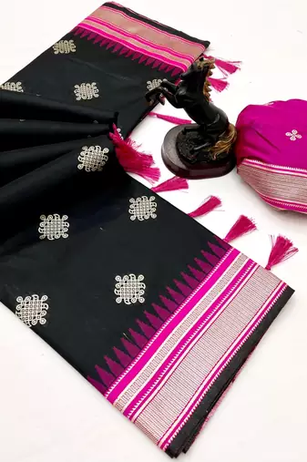 Black soft silk saree with kolam zari motifs & designer pallu