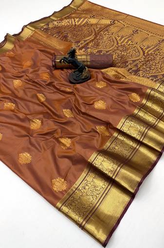 Brown soft silk saree with zari butti & brocade blouse